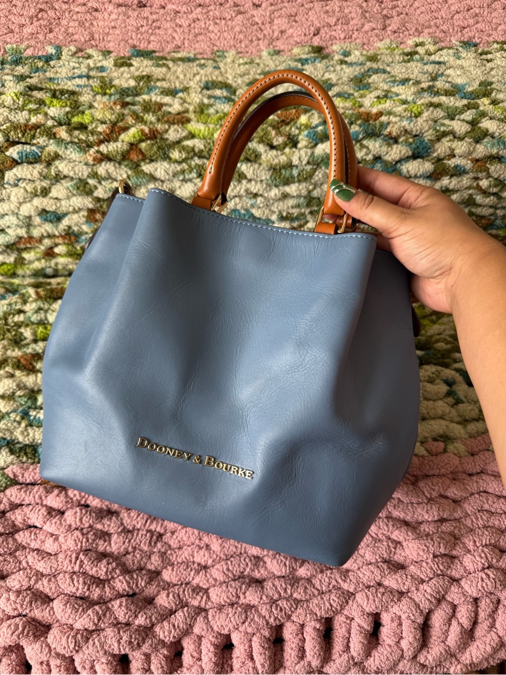 Dooney & Bourke Blue Leather Satchel with Tan Handles